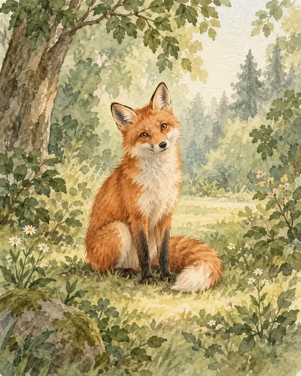 Raposa alaranjada em uma floresta pintada em aquarela.