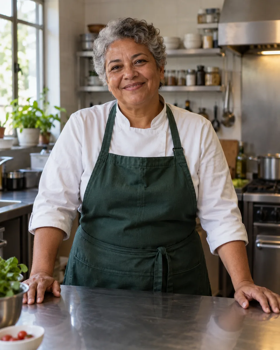 Chef adulta de cabelos grisalhos diante de uma bancada de cozinha.