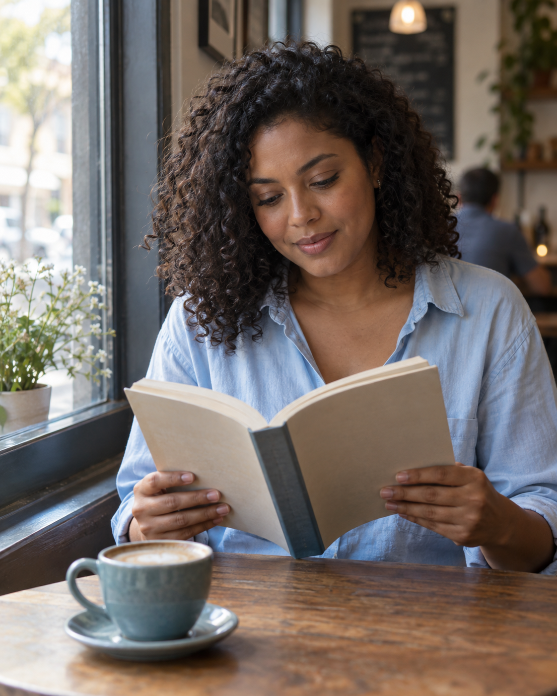 Mulher adulta lendo um livro junto à janela de uma cafeteria.
