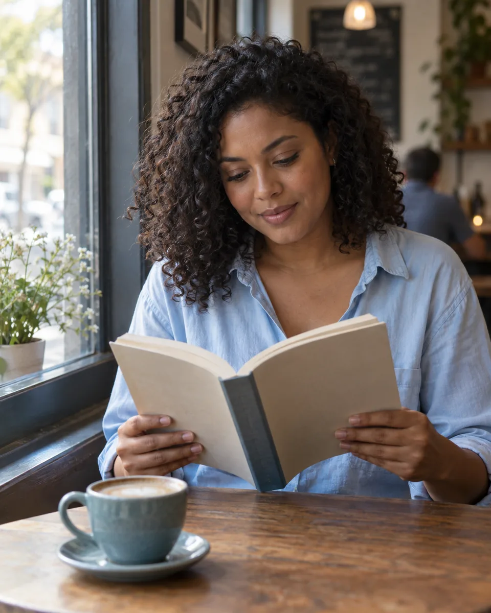 Mulher adulta lendo um livro junto à janela de uma cafeteria.