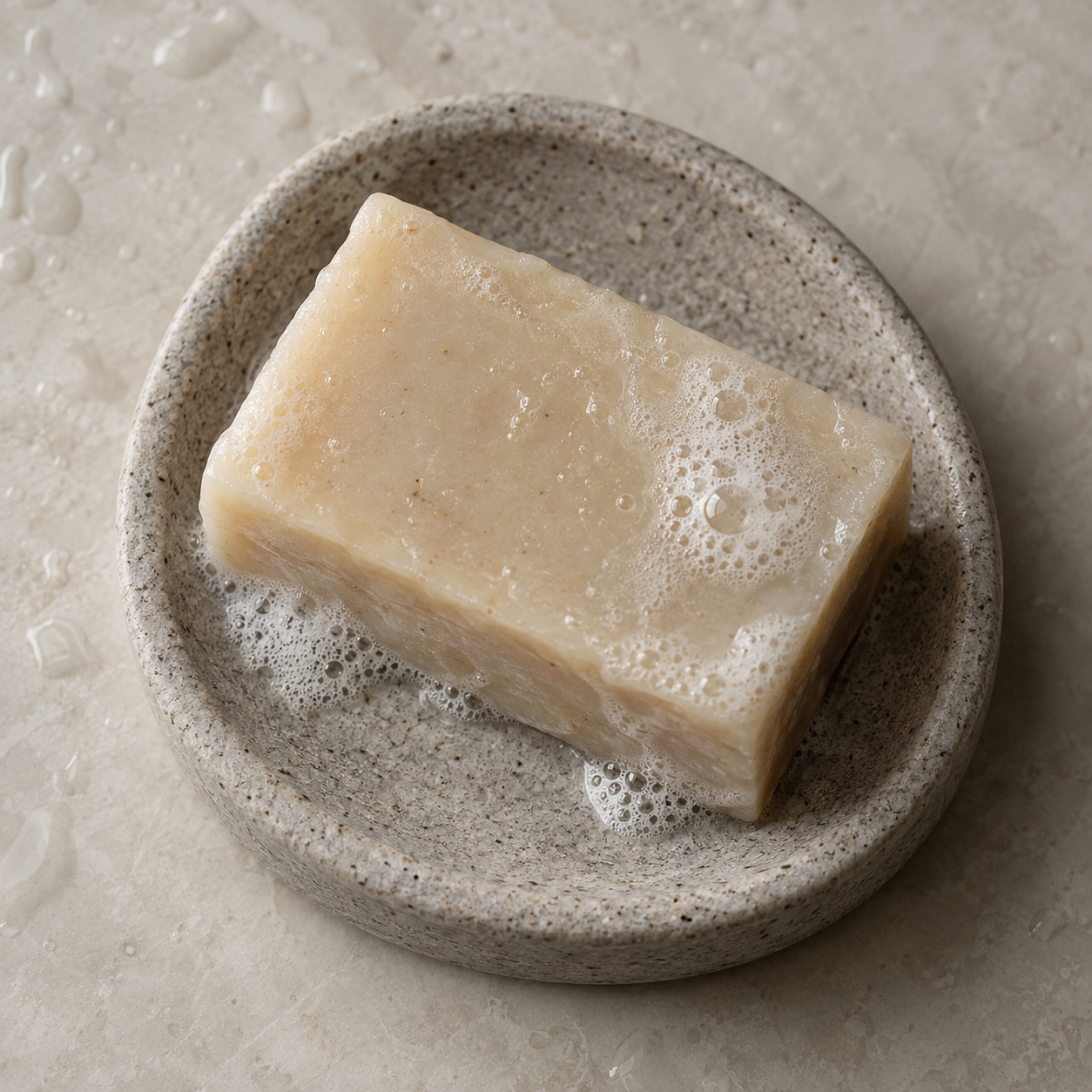 Barra de sabonete bege em uma saboneteira de pedra com espuma discreta.