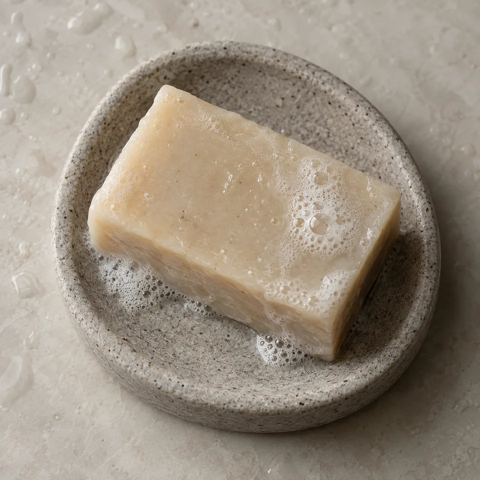 Barra de sabonete bege em uma saboneteira de pedra com espuma discreta.