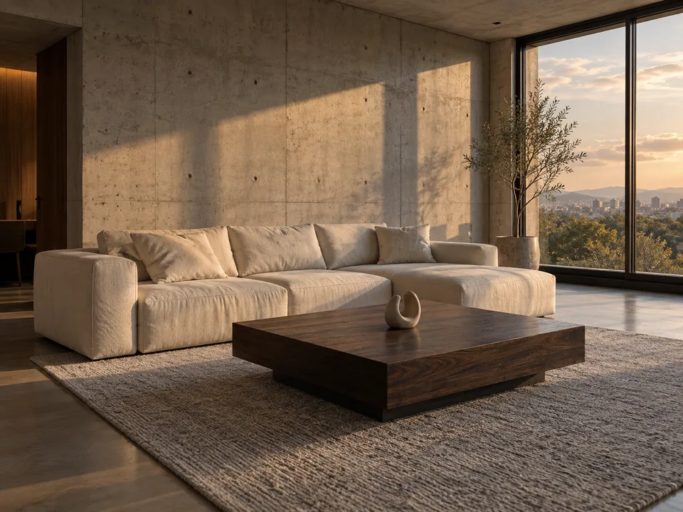 Sala de concreto aparente com sofá creme e mesa de madeira escura.