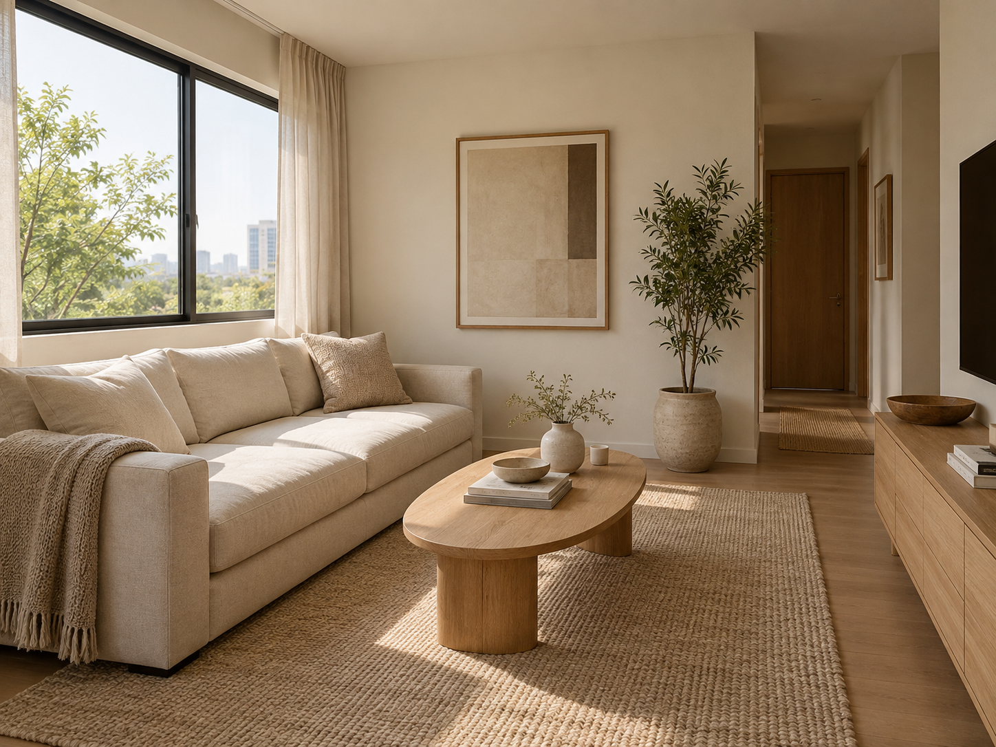 Sala com sofá de linho, mesa de madeira clara e luz de janela.