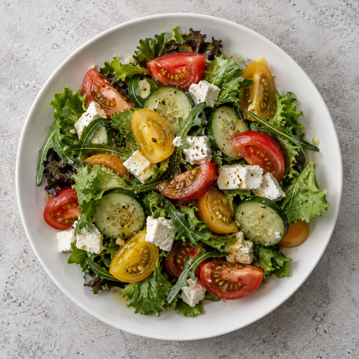 Salada com tomates, pepino e folhas verdes em um prato branco.