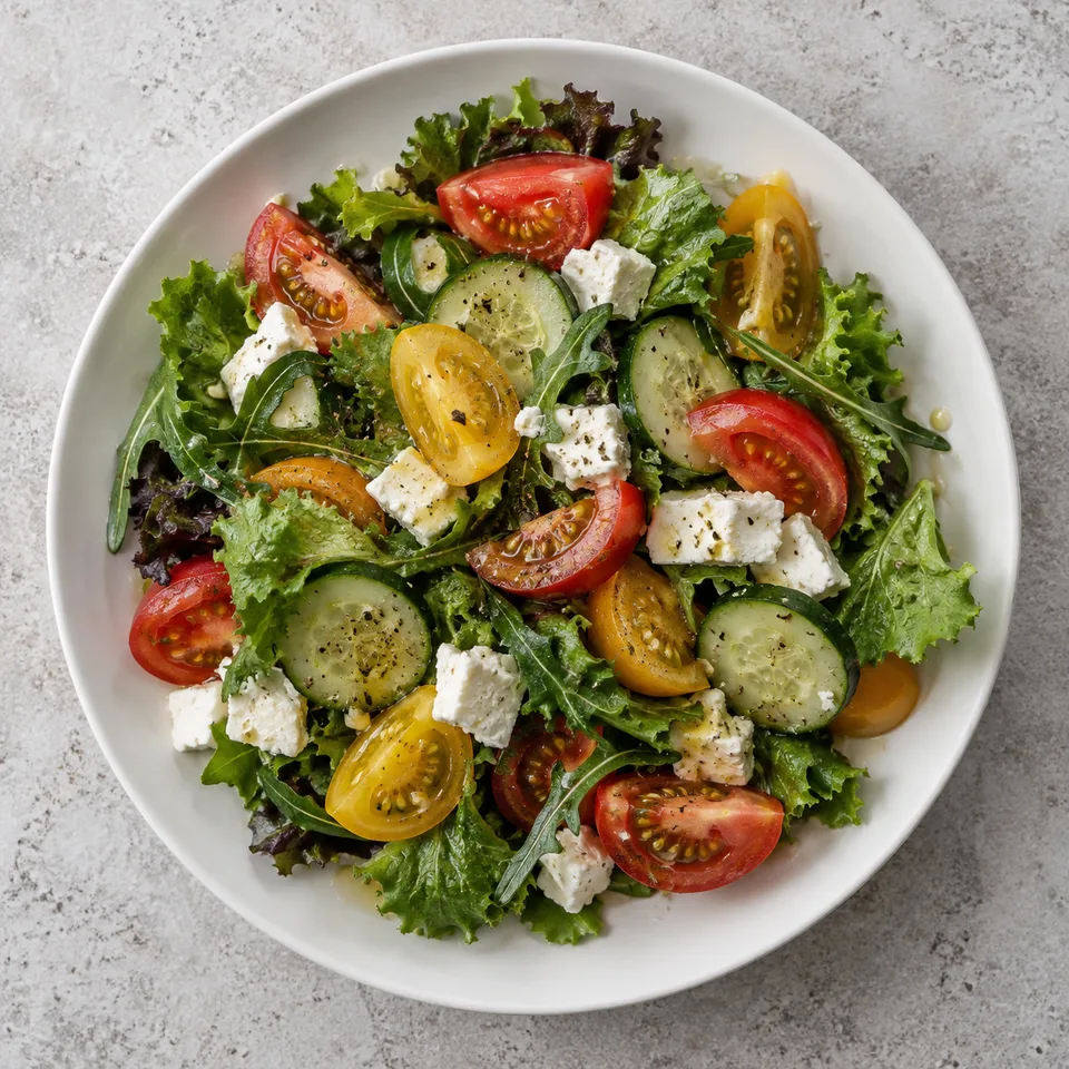 Salada com tomates, pepino e folhas verdes em um prato branco.