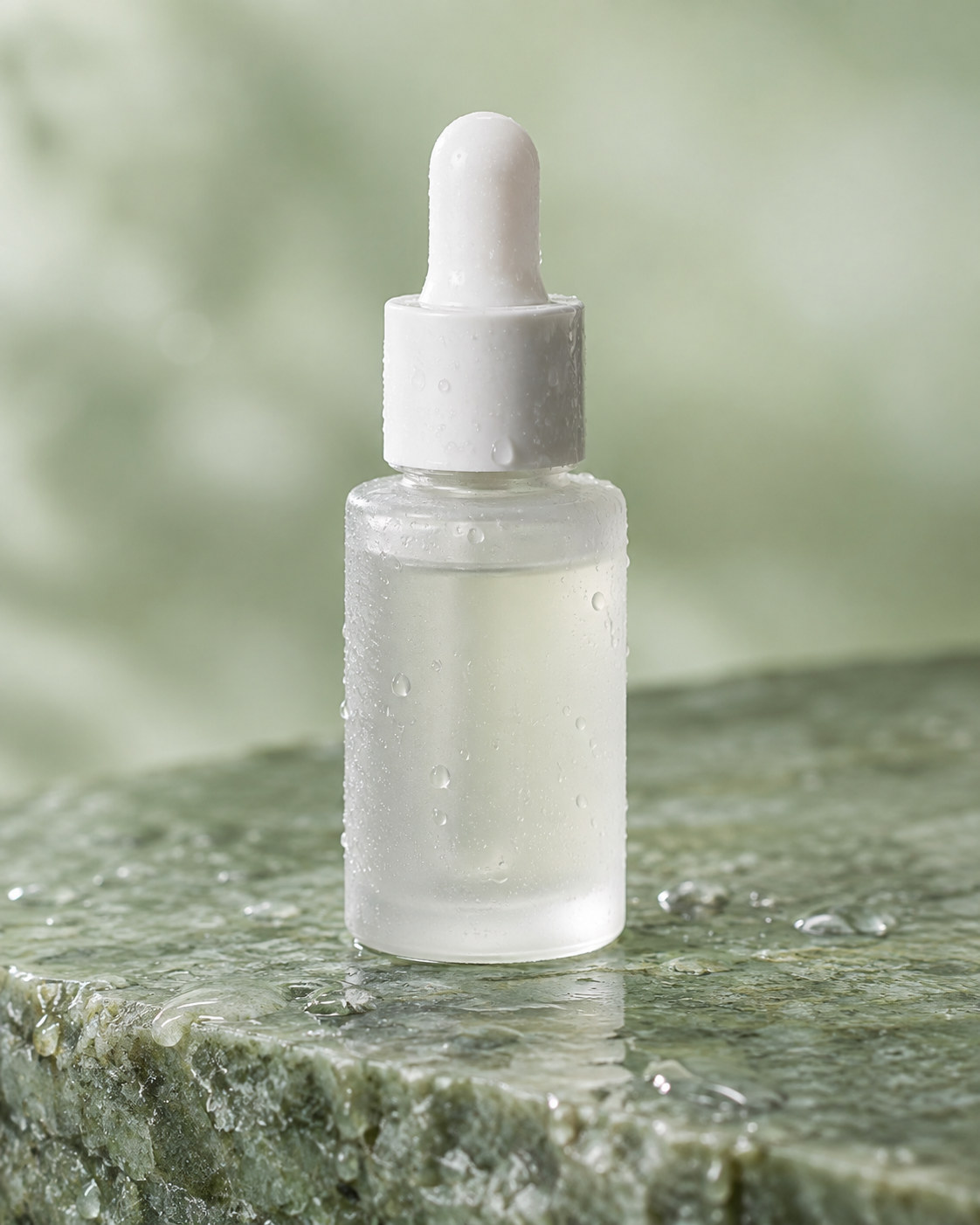 Frasco de sérum em vidro fosco com gotas pequenas sobre pedra verde.