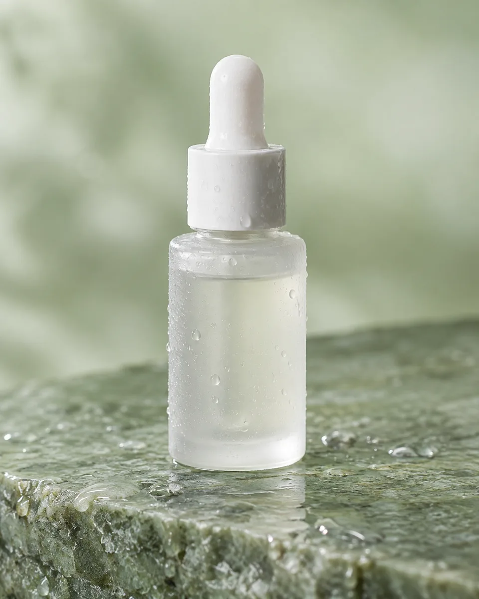 Frasco de sérum em vidro fosco com gotas pequenas sobre pedra verde.