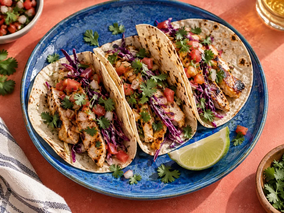 Três tacos com legumes e frango em prato de cerâmica azul.