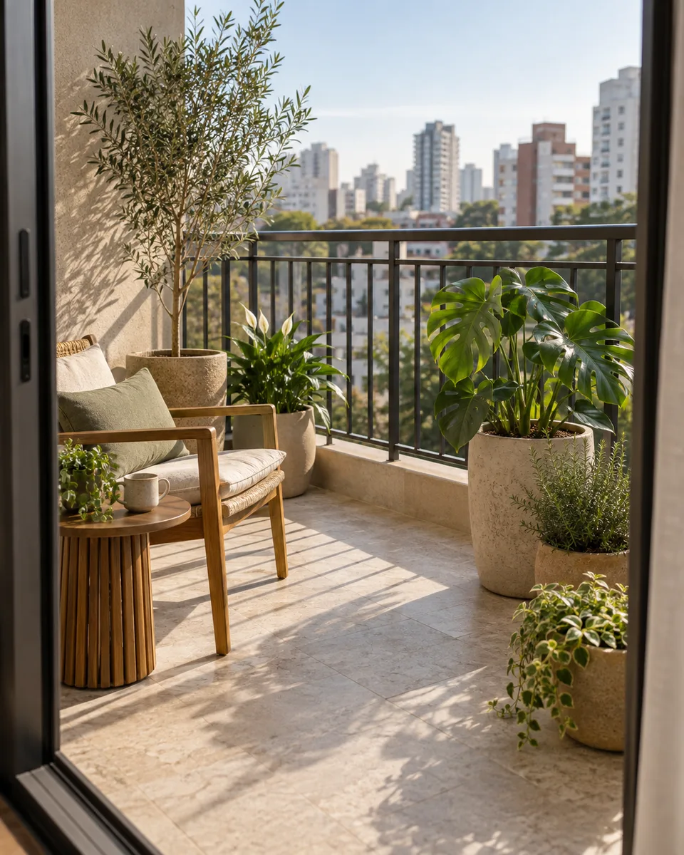 Varanda de apartamento com plantas, cadeira de madeira e mesa pequena.